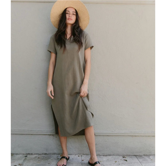 Jenni Kayne Cypress Caftan Dress Short Sleeve Tshirt Dress, Olive Green Gauze S - Picture 11 of 11